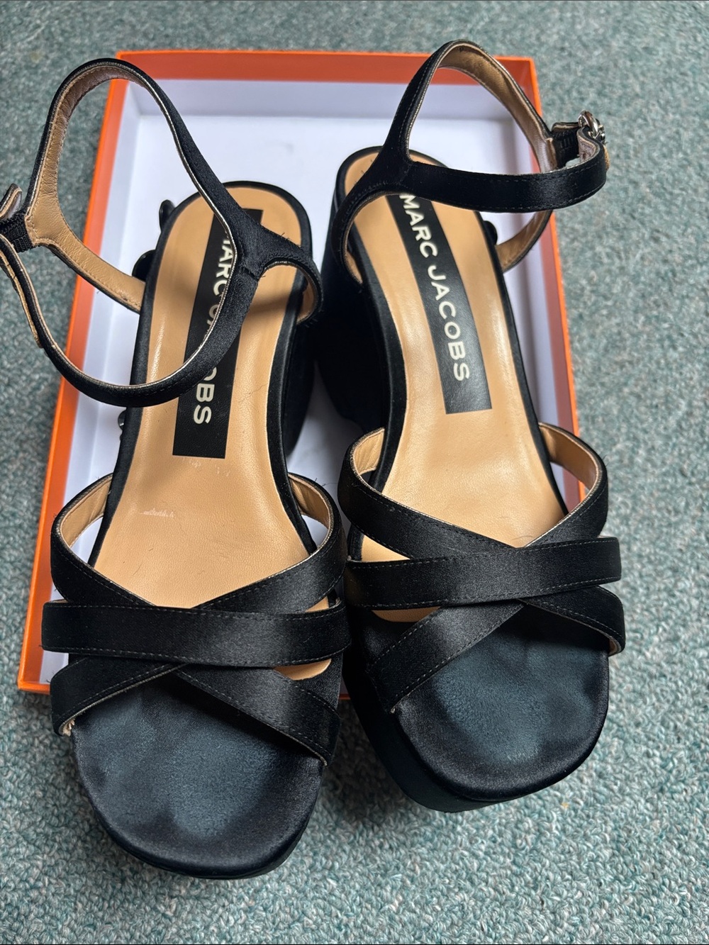 Marc Jacobs Black Satin Strappy Ankle-Heel Sandals
